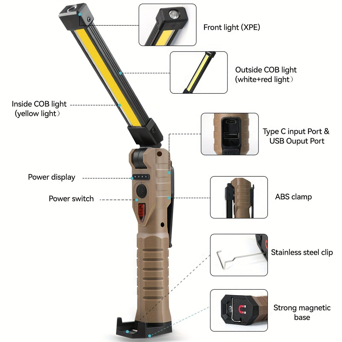 Foldable Black and Khaki Work Light Multipacks with Pivoting COB Bar and Pictured Charging Cables