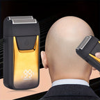 Golden-and-Black Electric Foil Shaver with Rectangular Head, Front Display and Charging Stand