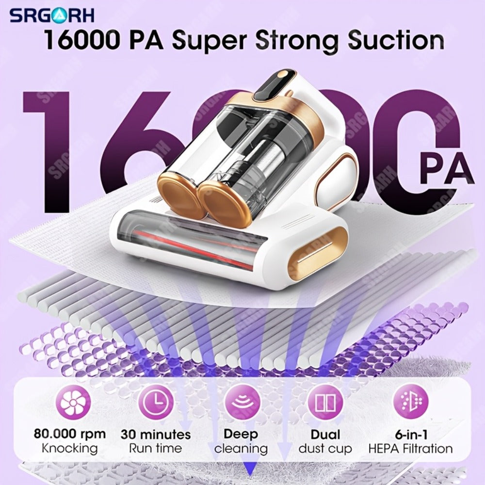 Handheld Vacuum Cleaner SRGORH Cordless Mattress Model with 16KPa Label, Dual Dust Cups, 30-Minute Runtime and Two Colors