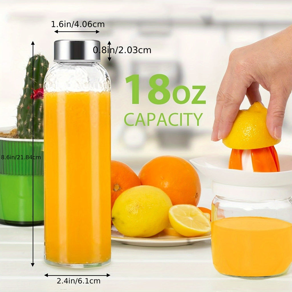 Glass Water Bottles with Lids 6 Pack 18oz – Reusable Leak-Proof Juice Bottles with Stainless Steel Caps for Smoothies