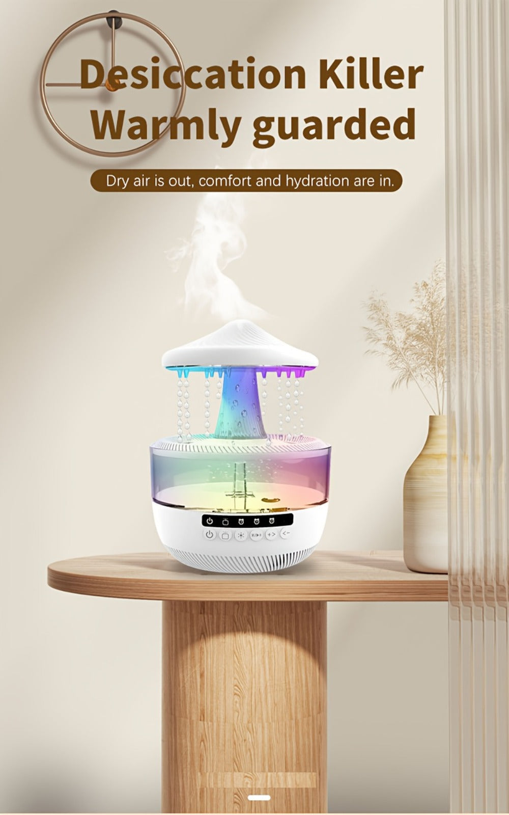 Cool Mist Humidifier with 7-Color Night Light Raindrop Music Design Dual Mist Output 26dB Ultra-Quiet 24H Operation Visible Water Level