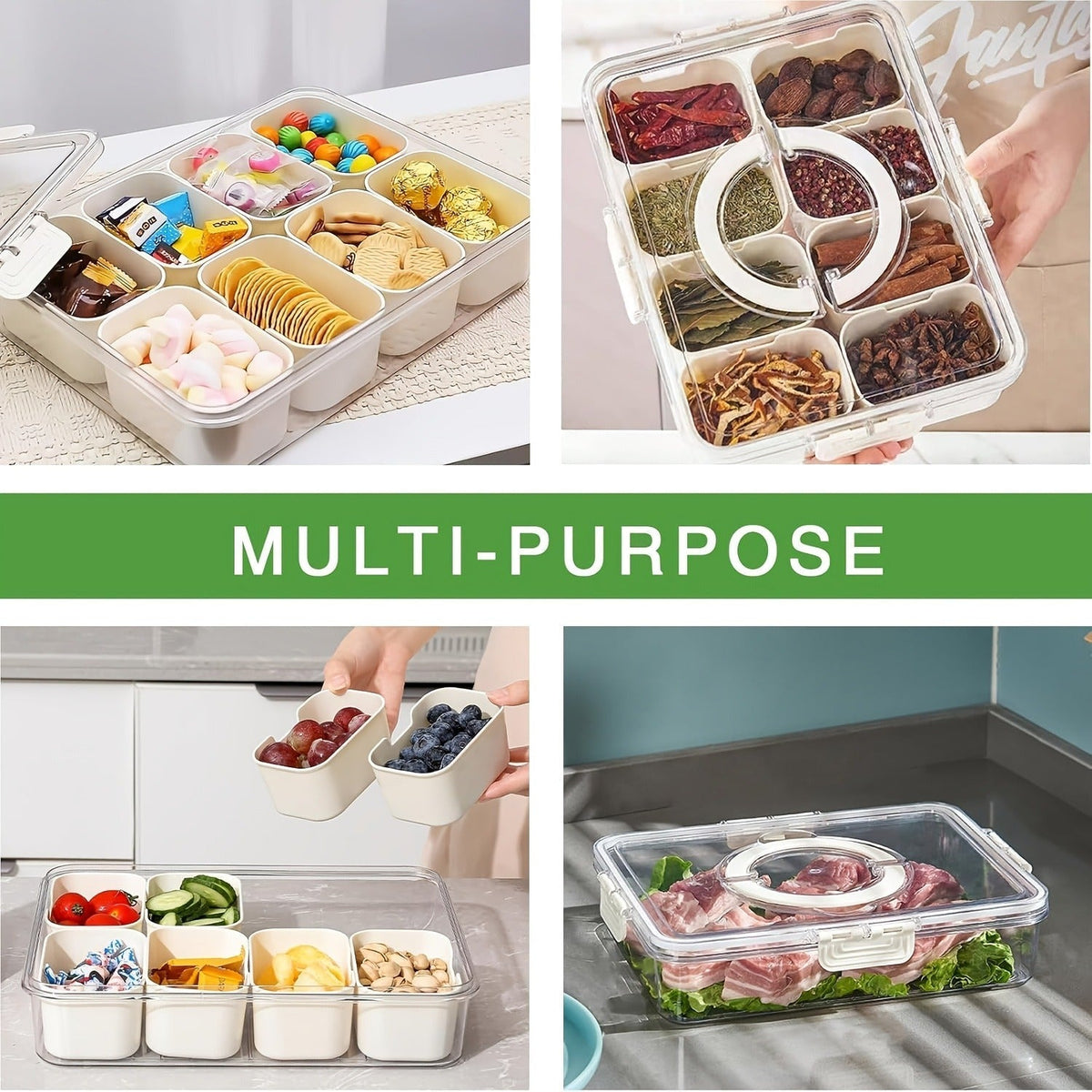 Storage Containers with Lids, Snack Tray Two-Pack with Four or Eight Removable Compartments and Snap Lids