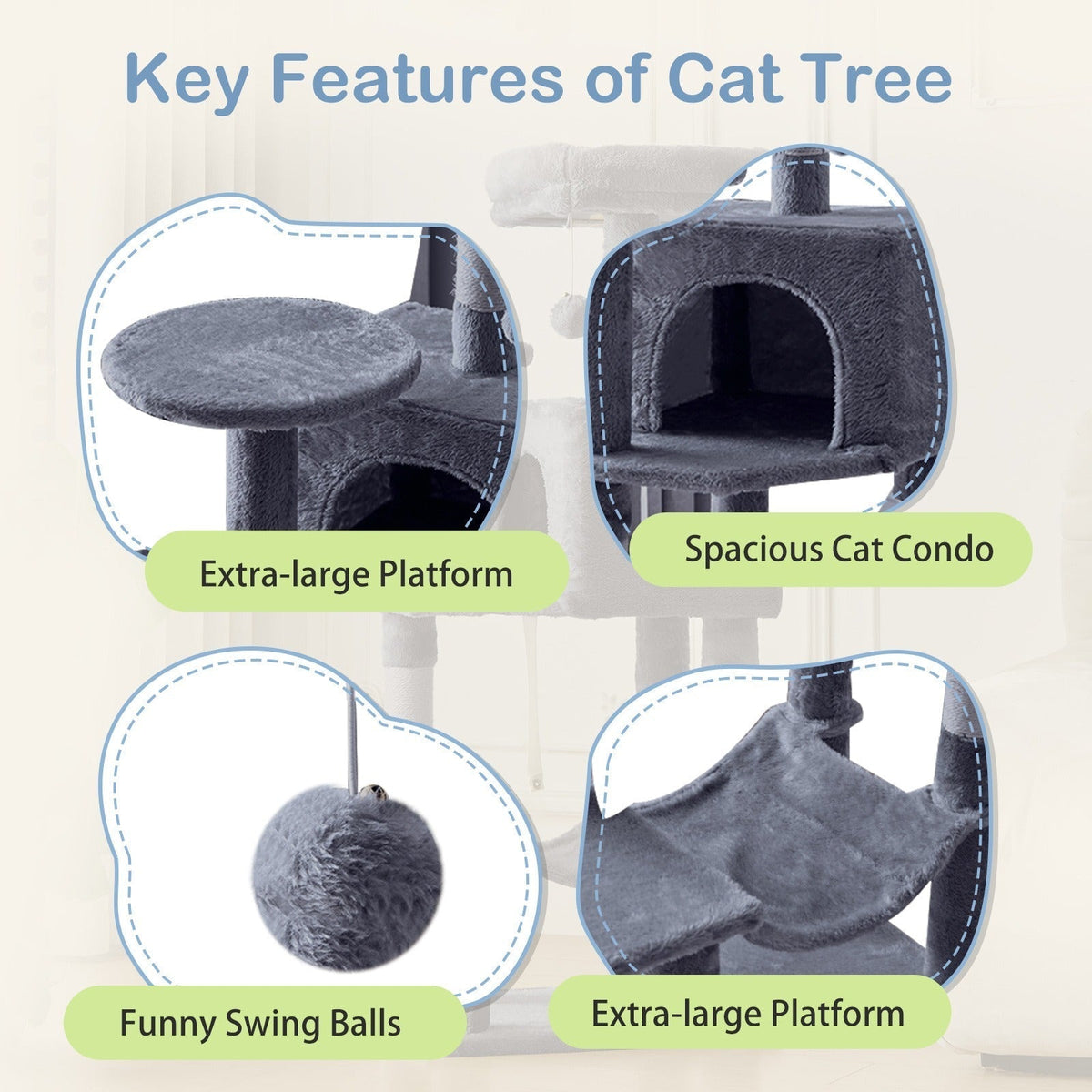 Multi-Level 44in Cat Tower with Enclosed Condo, Hammock, Round Platforms and Sisal-Wrapped Posts