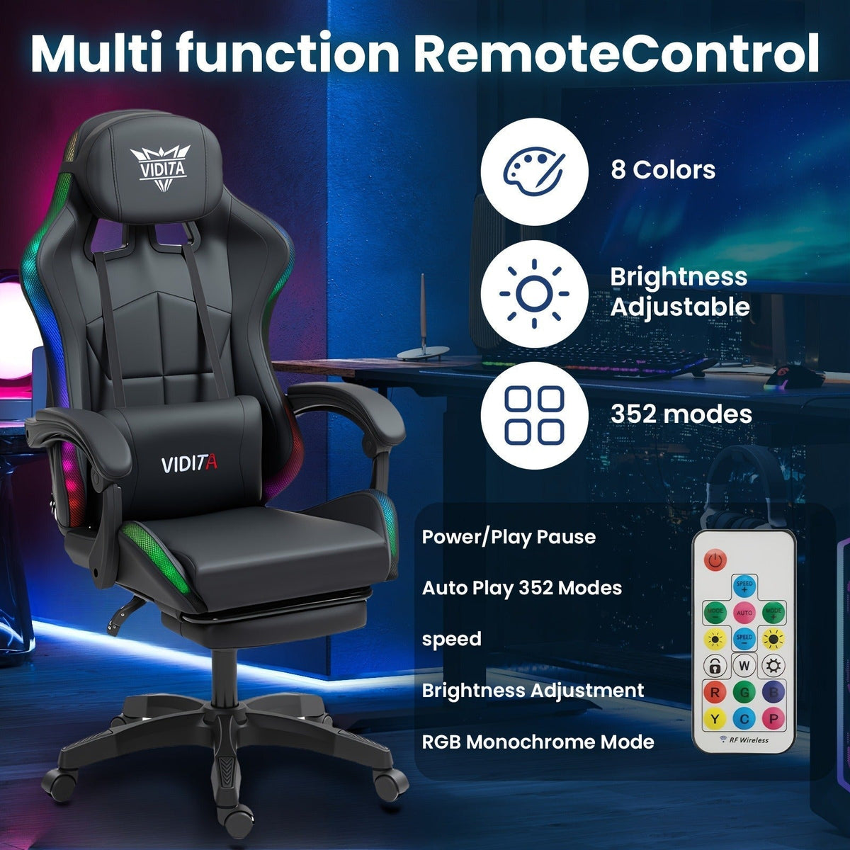RGB Gaming Chair with LED Lights Footrest Ergonomic Gaming Chair with Massage Lumbar Support Reclining Video Game Chair for Adults Home