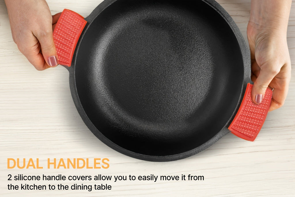 Pre-Seasoned-Labeled Cast Iron Dutch Oven with Reversible Skillet Lid, Trivet, Handle Covers and Scraper