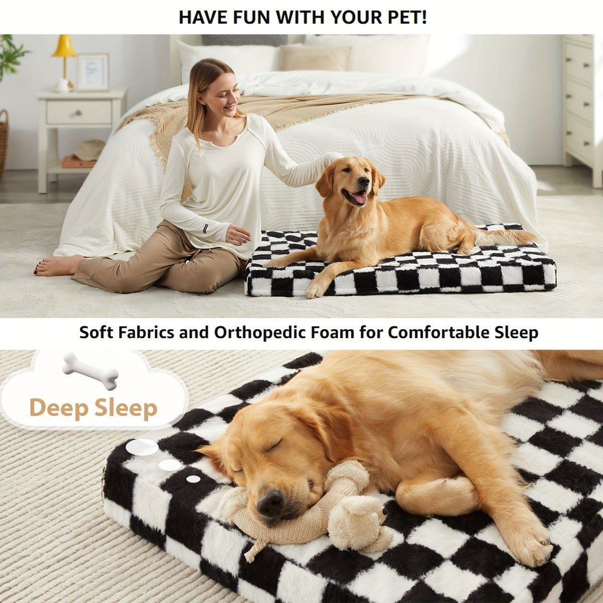 Black-and-White Plaid Foam Pet Bed with Removable Textile Cover and Five Size Options from S to XXL