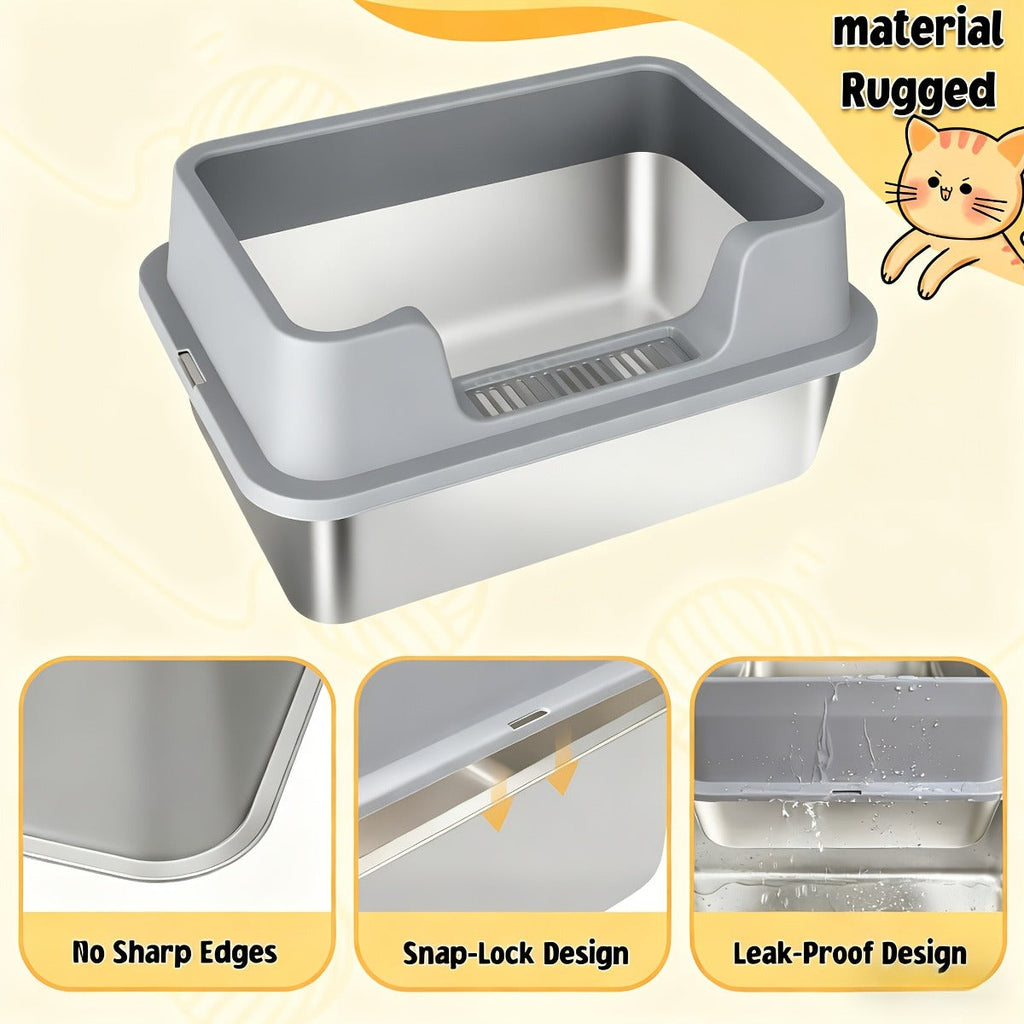 Stainless Steel Cat Litter Box with High-Wall Surround, Front Step, Scoop and 8.46- or 10.43-Inch Wall Options