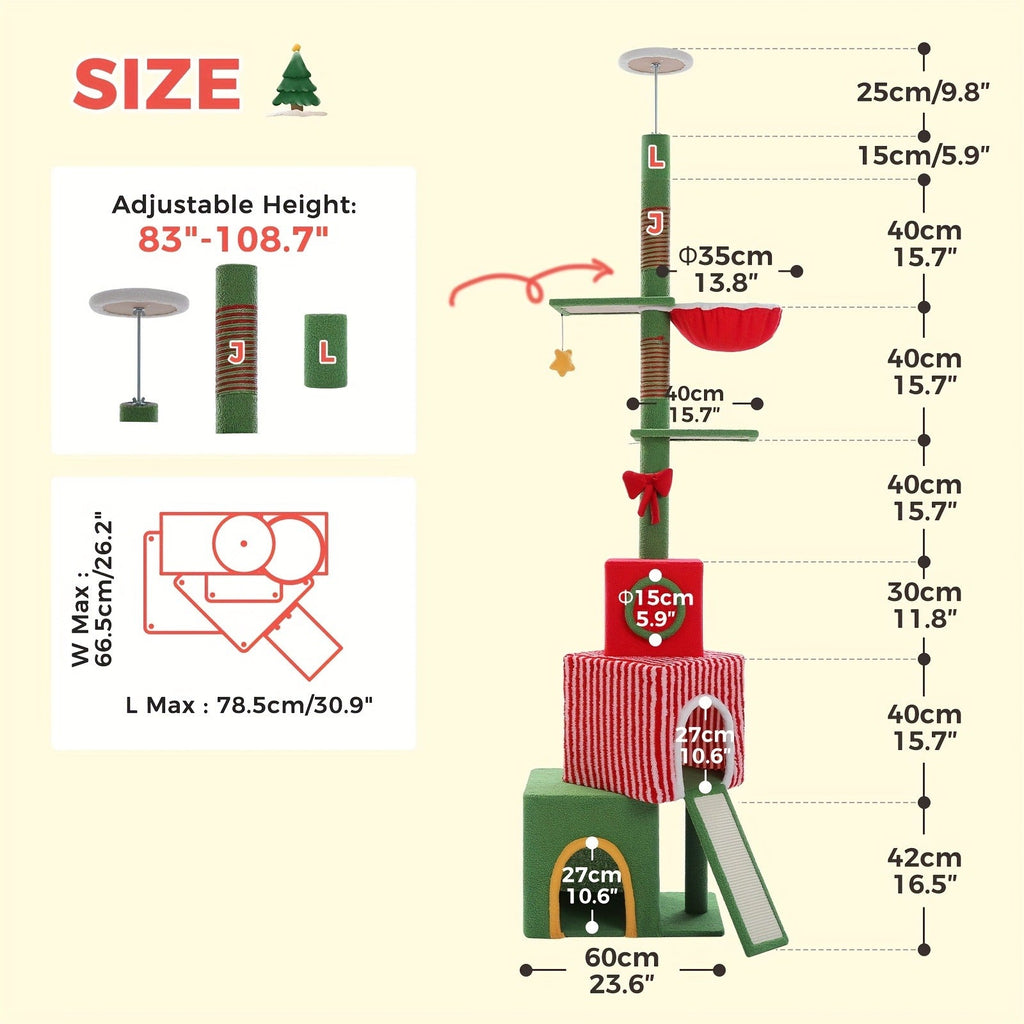 Floor to Ceiling Cat Tree Tower 90–107" – 4-Tier Tall Adjustable Cat Climbing Post with Tension Rod | Ceiling-Mounted Stable Cat Activity