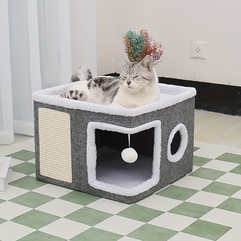 Multi-Tier Cat House & Indoor Cat Cube Bed – Foldable 2-Level Cat Tree with Scratching Post, Toy Tunnel & Plush Hanging Ball