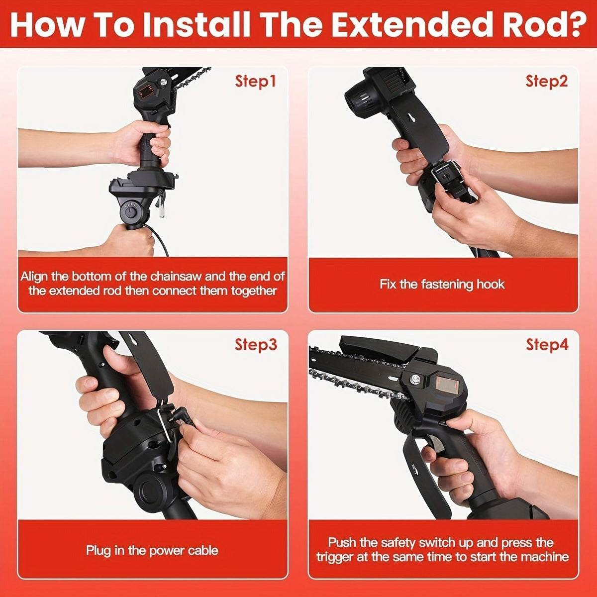 Cordless 4- and 6-Inch Pole Saw with Three Extension Sections, 90° Head, Two Batteries and Two Colors