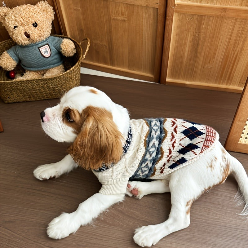 Cable-Knit Dog Turtleneck Sweater with Fair Isle Pattern, Beige or Blue and Five XS–XL Sizes