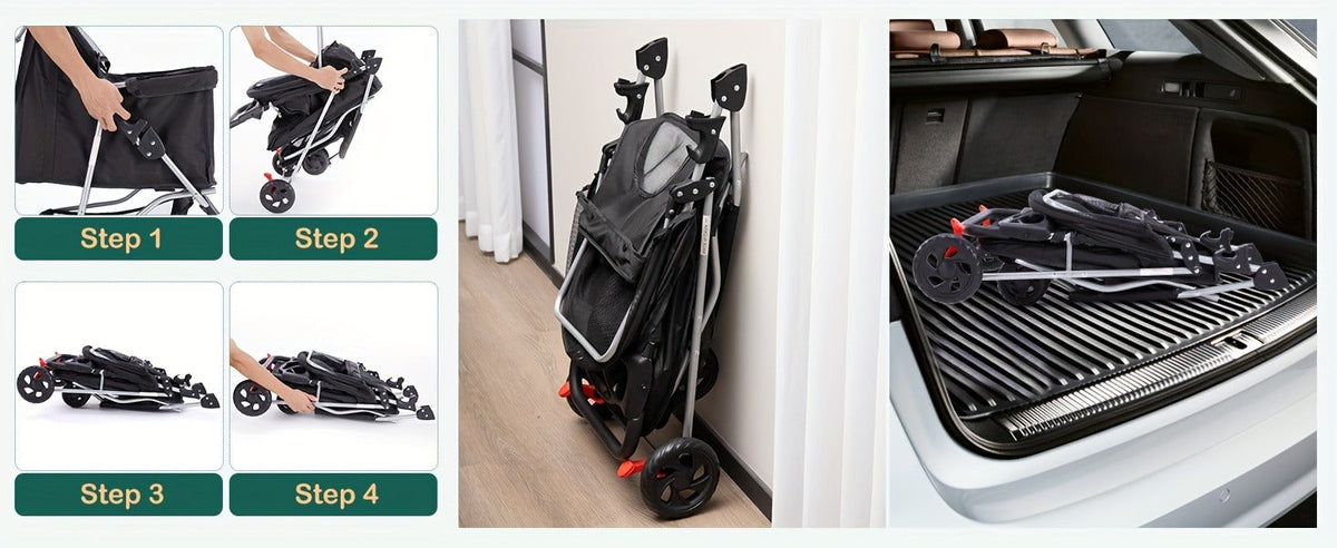 Black Three-Wheel Pet Stroller with Mesh Cabin, Front Cover, Cup Tray and Lower Storage Basket
