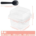 Disposable Dessert Cups 100pcs 8oz Square Clear Plastic with Lids & Sporks, Cake Cups for Pudding