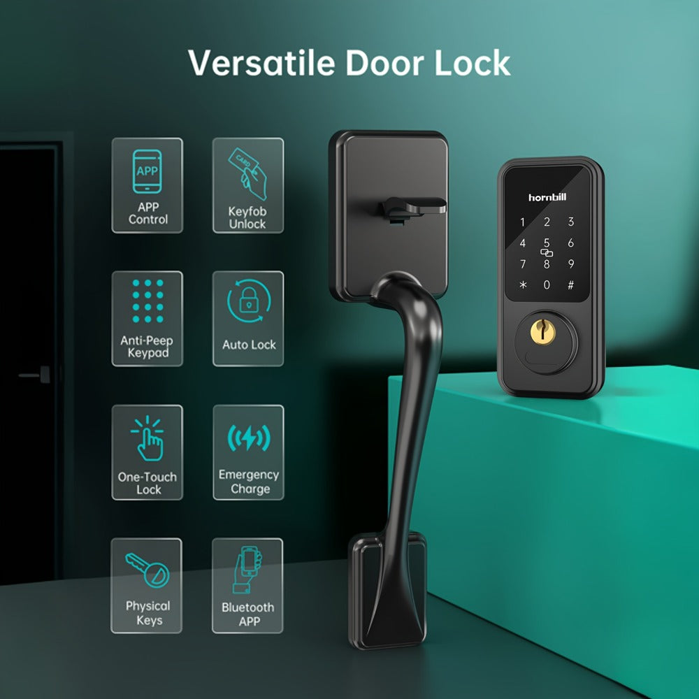 Smart Door Lock Hornbill Keypad Deadbolt and Handle Set with Bluetooth App Keyfob and Alexa Control