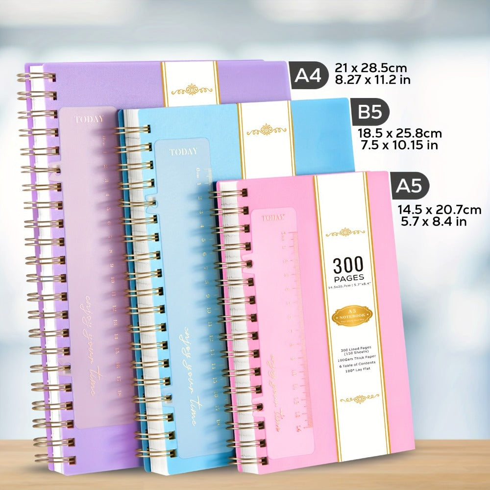 Hardcover Spiral Notebook A5 Lined Journal 300 Pages 100GSM Thick Paper PVC Waterproof Cover College Ruled Note Pad for Women Men Office