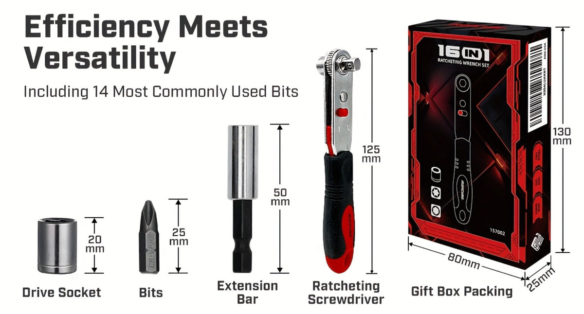 Right-Angle Ratcheting Screwdriver Set with 10- or 16-Piece Bit and Socket Configurations for Tight Access