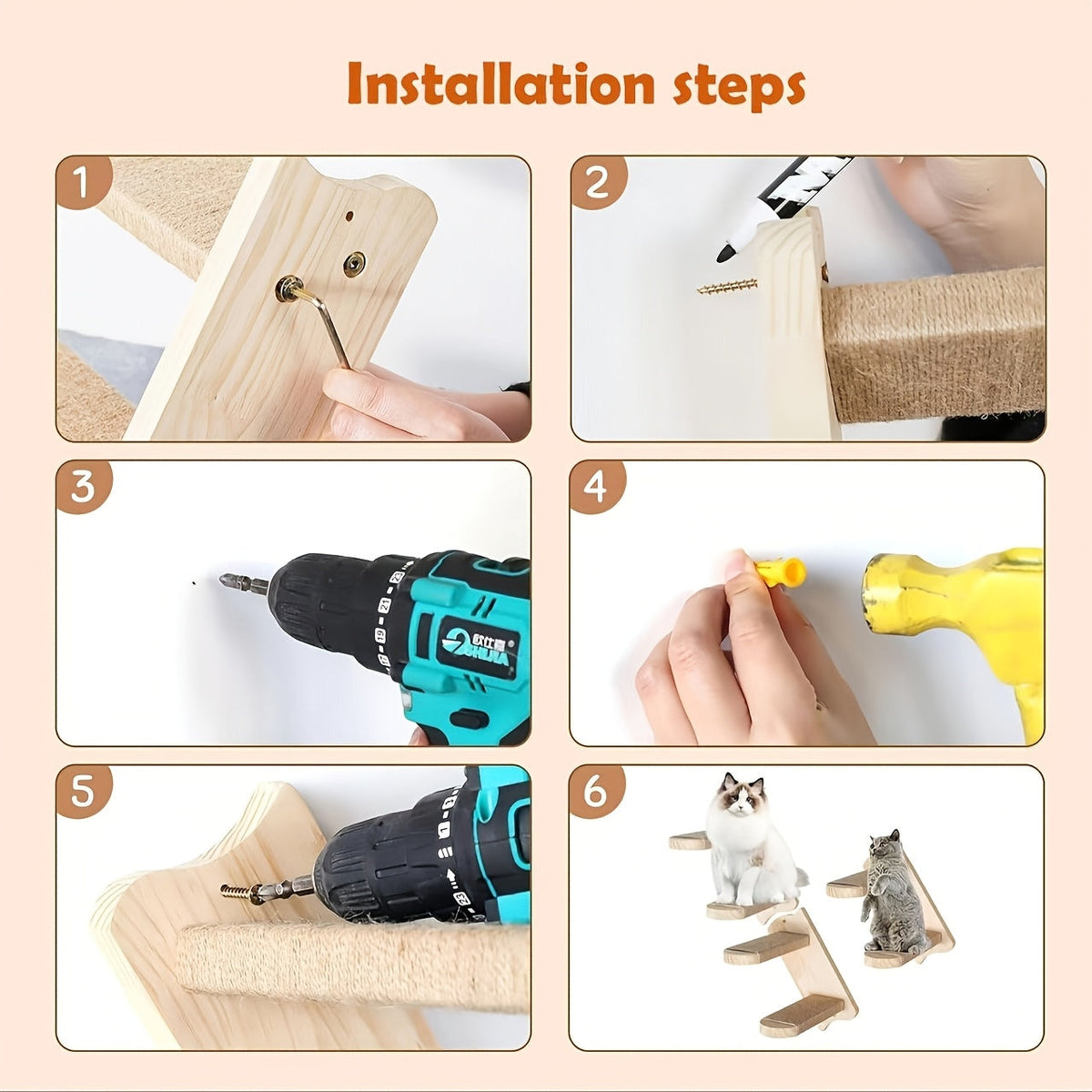 Four-Step Wall-Mounted Cat Ladder with 45.5cm Wood Frame, Rope-Covered Treads and Fastener Points