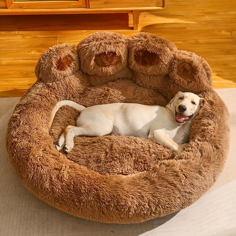 Bear-Paw Round Plush Pet Bed in Coffee, Pink or Gray with Four Weight-Labeled Size Options