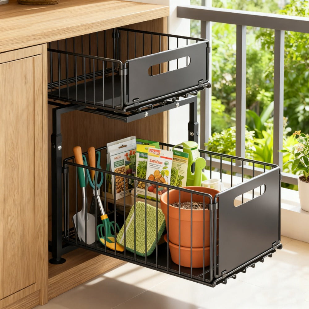 Under Sink Organizer 2-Tier Slide Out Pull Out Drawer Metal Basket Height Adjustable – Under Sink Cabinet Organizer for Kitchen Bathroom