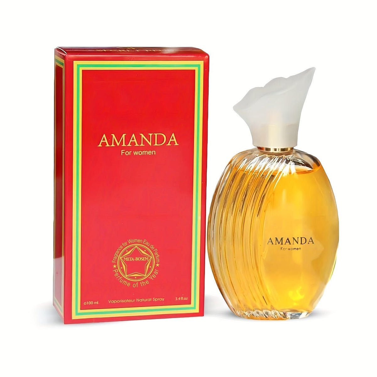 AMANDA Women's Eau de Parfum Spray, 100 ml Oval Amber Bottle with White Flower Cap and Red Gift Box
