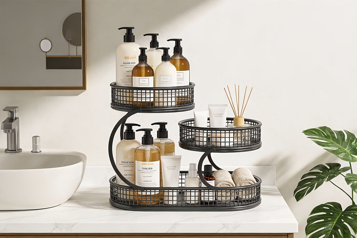 Three-Level Black Wire Fruit Basket with Two Round Bowls and 15.75-Inch Rectangular Base Tray
