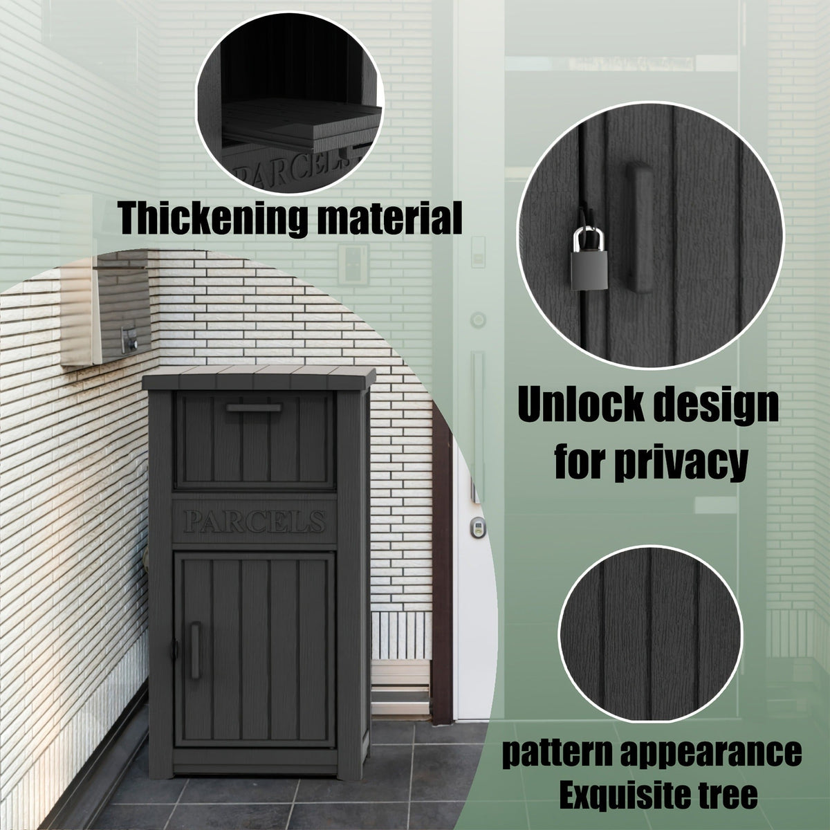 Tall Light-Brown Parcel Outdoor Storage Box with Drop Compartment, Front Door and Lock Hardware