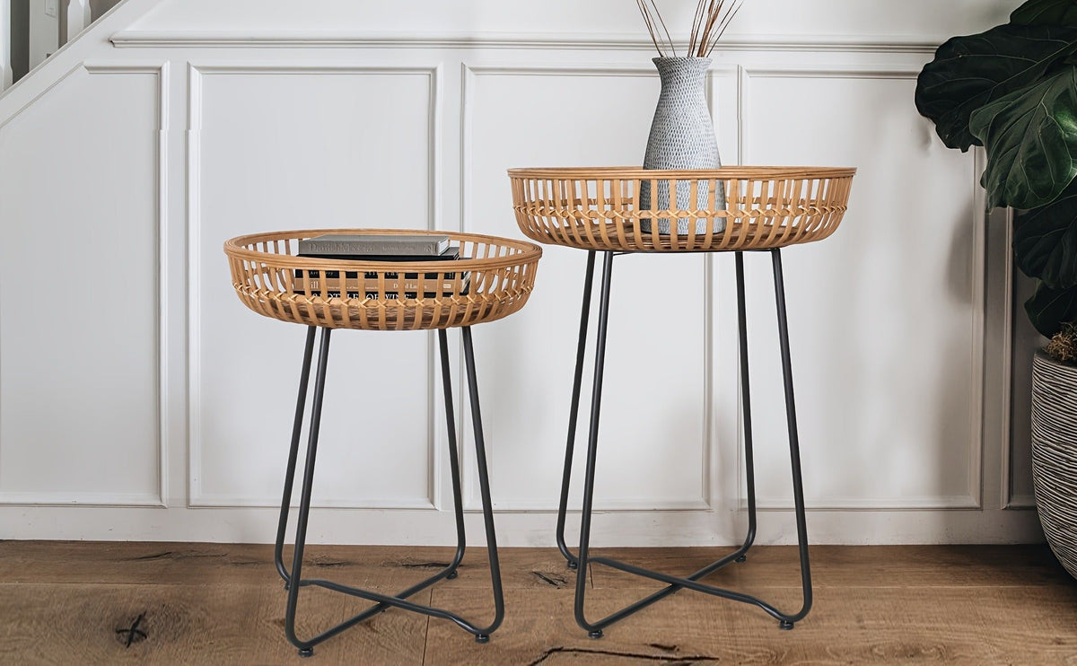 Side Table Rattan Collection with Bamboo-Woven Tops, Metal Bases and 18- or 20.4-Inch Options