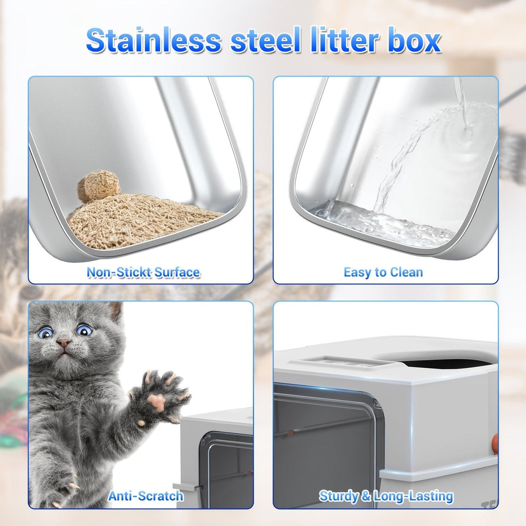 TEKEPL 68L Cat Litter Box with Stainless Steel Basin and Modular Enclosed, Semi-Open or Open Configuration