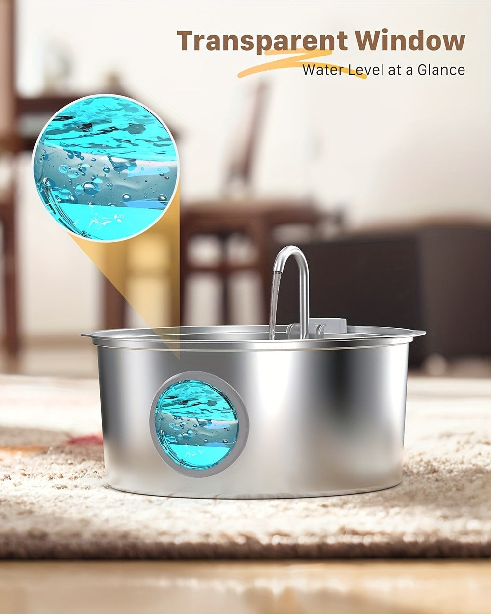 7L Pet Water Fountain with Stainless-Steel-Marked Basin, Water-Level Window and Dual Arched Outlets