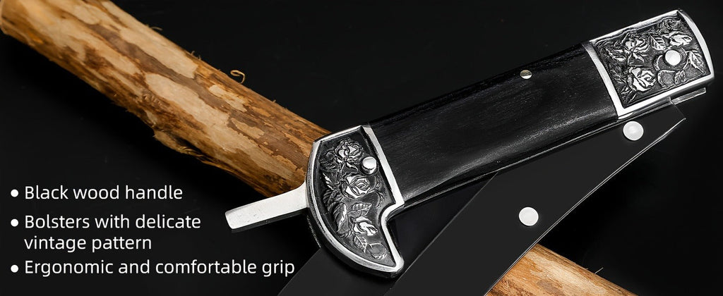 Folding Sickle Stainless Steel Flat Edge Blade with Black Wood Handle & Double Bolsters for Garden, Patio and Yard Use