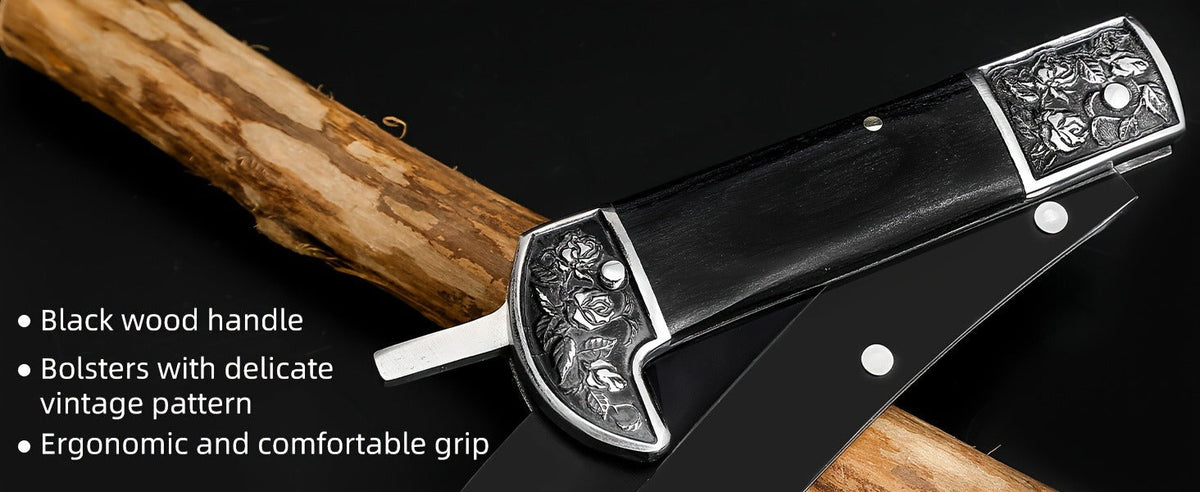 Folding Sickle Stainless Steel Flat Edge Blade with Black Wood Handle & Double Bolsters for Garden, Patio and Yard Use