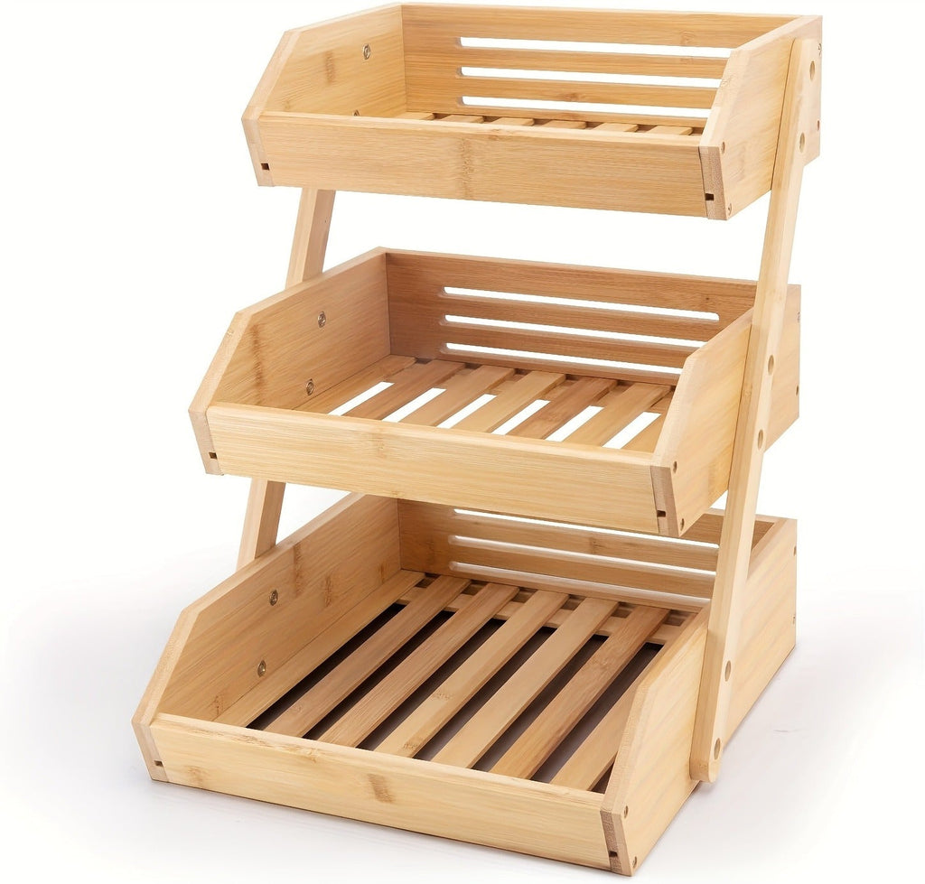 Fruit Basket Stand 2 & 3 Tier Wooden Countertop Organizer Large Capacity Kitchen Storage for Fruits Vegetables Bread Produce with Banana