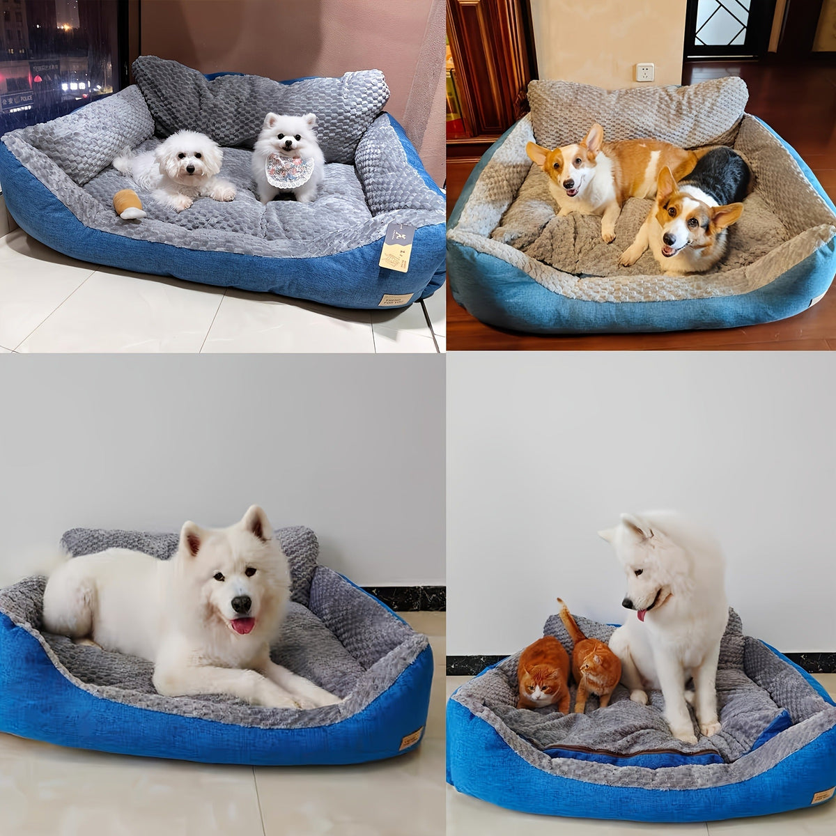 Blue-Gray Dog Bed Couch with Raised Back and Side Bolsters in Four Sizes, Plus One Random Cat Teaser
