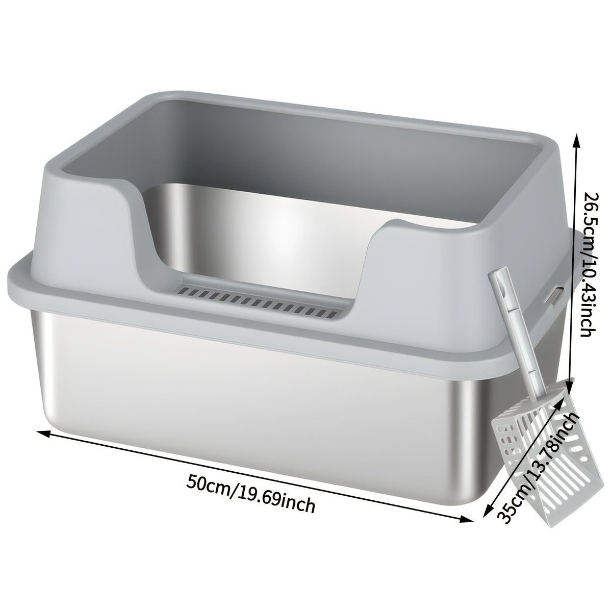 Stainless Steel Cat Litter Box with High-Wall Surround, Front Step, Scoop and 8.46- or 10.43-Inch Wall Options