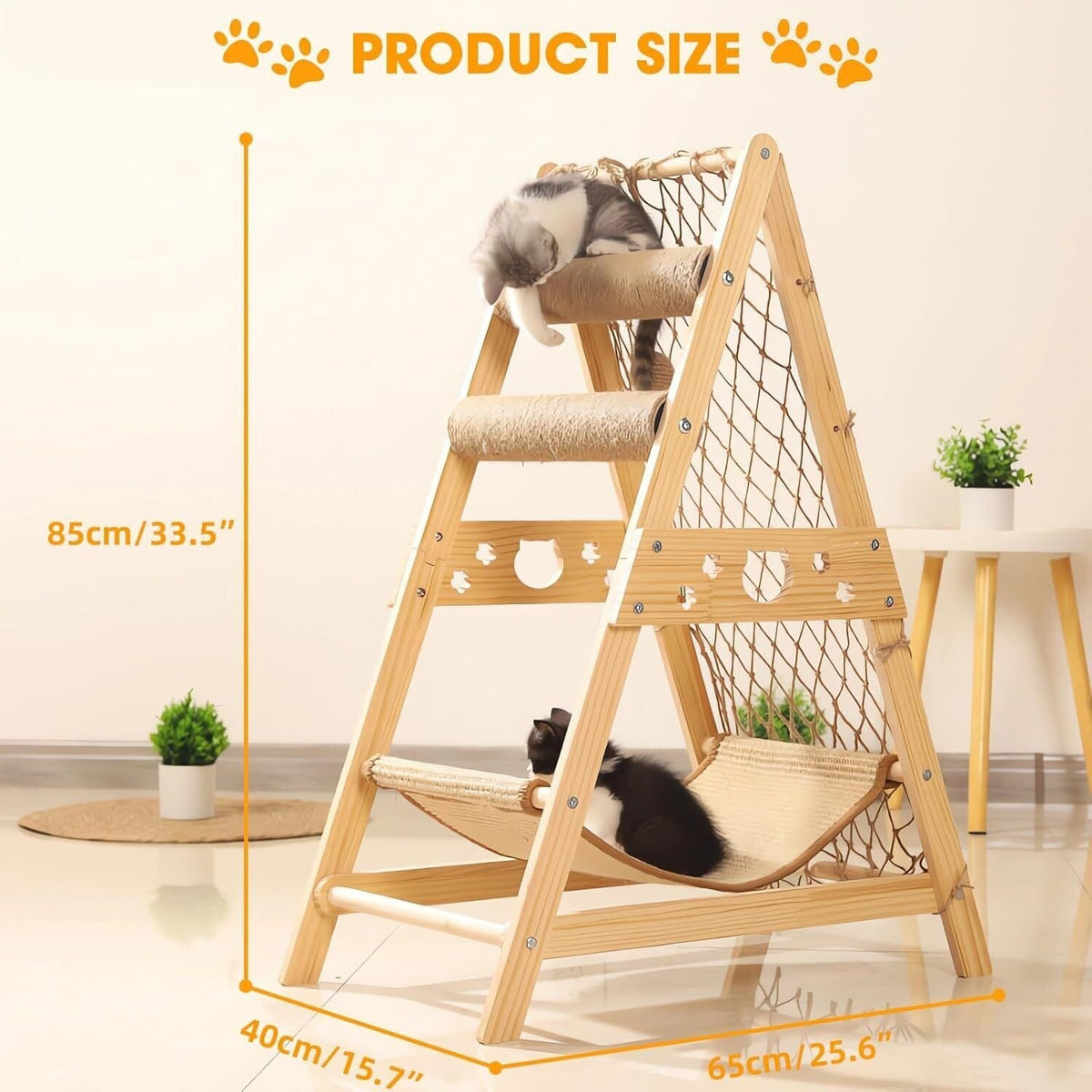 Cat Tree Triangle Cat Tower with Sisal Scratching Posts, Soft Hammock Bed & Hanging Feather Toys – Bamboo Stable Cat Climbing Tower