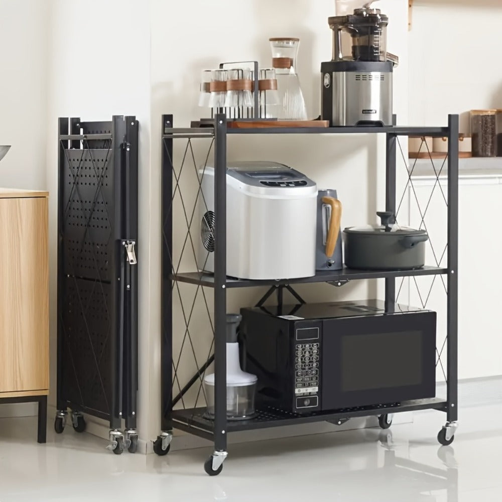 Storage Rack 3-5 Tier Foldable Shelving Unit with Wheels – Portable Multi-Layer Floor Standing Utility Shelf Organizer for Bedroom Closet
