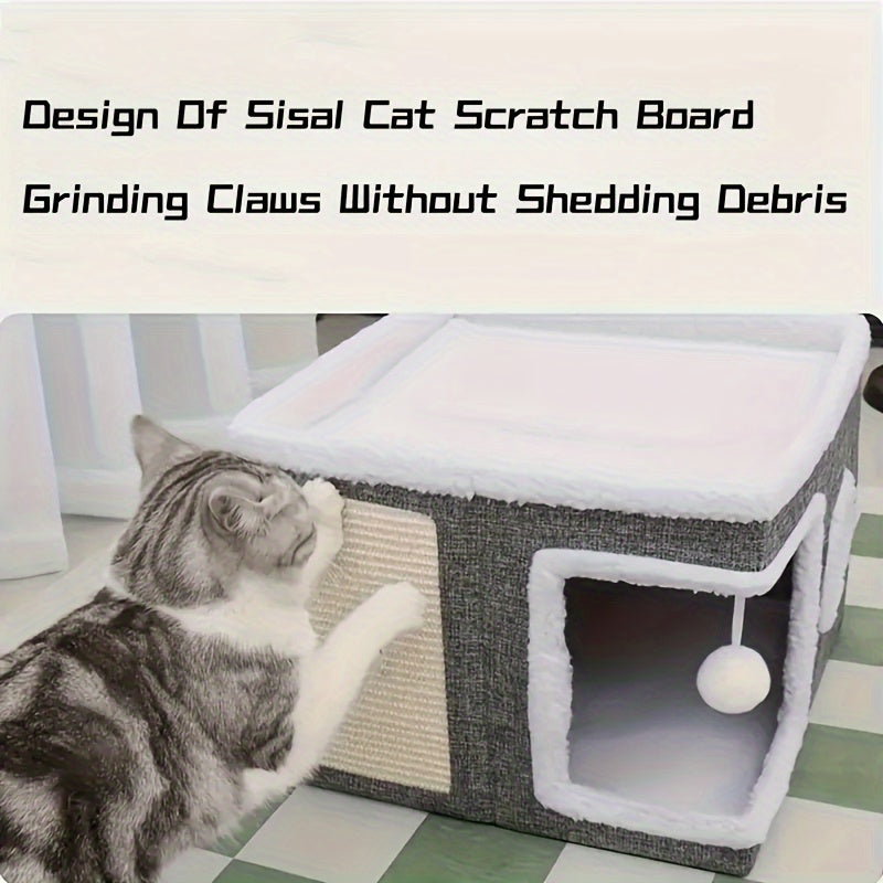 Cat House Foldable Multi-Layer 2-Tier Bed Toy Tunnel Scratching Post Plush Hanging Ball Canvas Nylon Frame All-Season Indoor Cat Cube