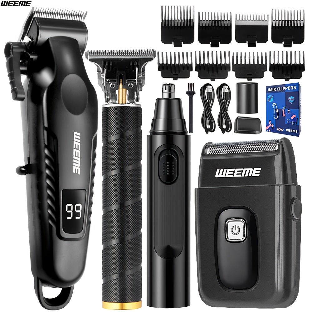 Men's Grooming Kit 4-Piece Set, USB Rechargeable Hair Clipper, Nose Trimmer, Electric Shaver & T9 Detailer with 8 Guide Combs