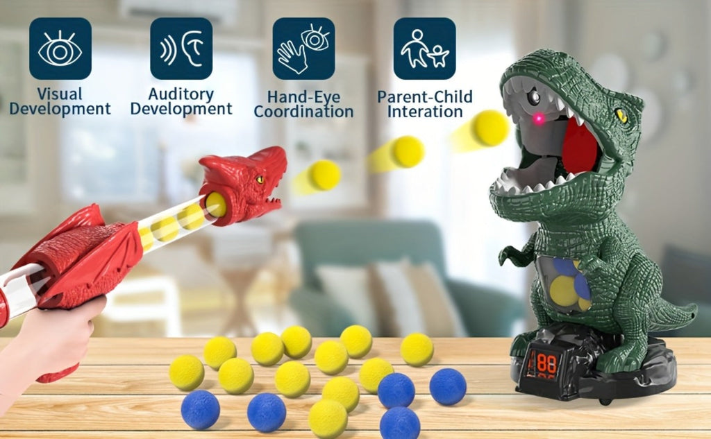 Dinosaur Shooting Game Toy with Sound Light & Spray, Movable Dino Target Launcher Set with Foam Bullets & Goggles for Boys Kids Ages 3+
