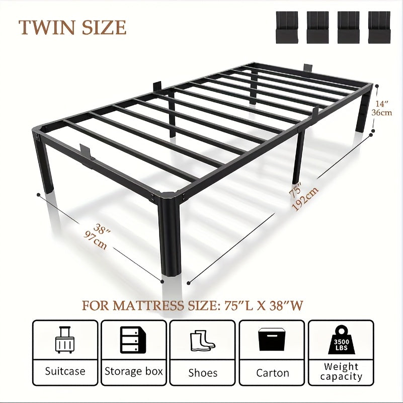 Bed Frame 14-Inch Steel Platform with 3, 500 lb Capacity, Rounded Fan Legs and Four Mattress Limiters
