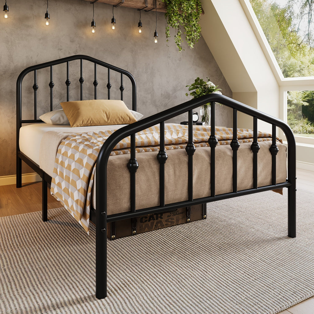 14-Inch Wrought Iron Platform Bed Frame with Headboard and Footboard