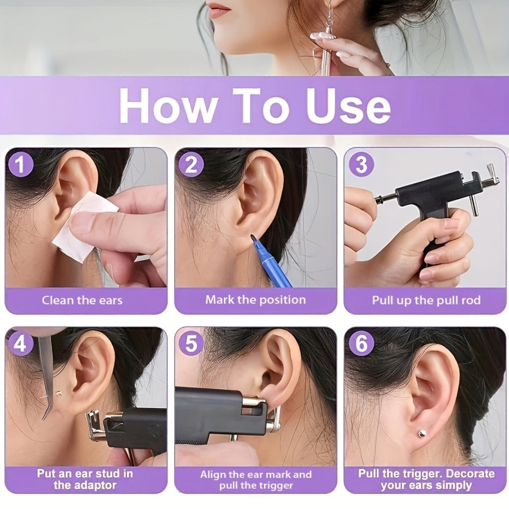 Ear Piercing Gun Kit 36pcs - 24 Stainless Steel Studs & 12 Crown-Shaped Earrings with Reusable Black Piercing Tool