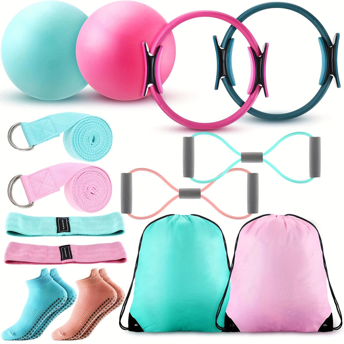 Pilates Ball & Ring Set 14-Piece for Women – Magic Circle, Mini Ball, 8 Resistance Bands, Stretching Strap, Non-Slip Socks & Gym Bag