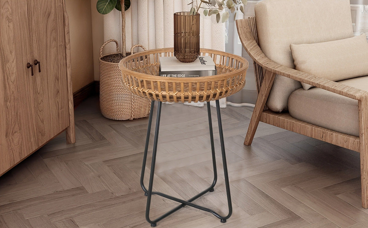 Side Table Rattan Collection with Bamboo-Woven Tops, Metal Bases and 18- or 20.4-Inch Options