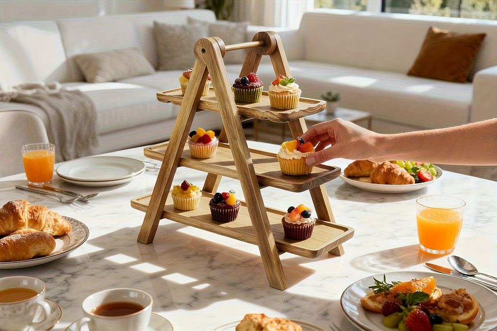 Cake Stand 3 Tier Wooden Serving Tray Farmhouse Dessert Display Cupcake Tower Bread Basket Collapsible Tiered Platter for Wedding Party
