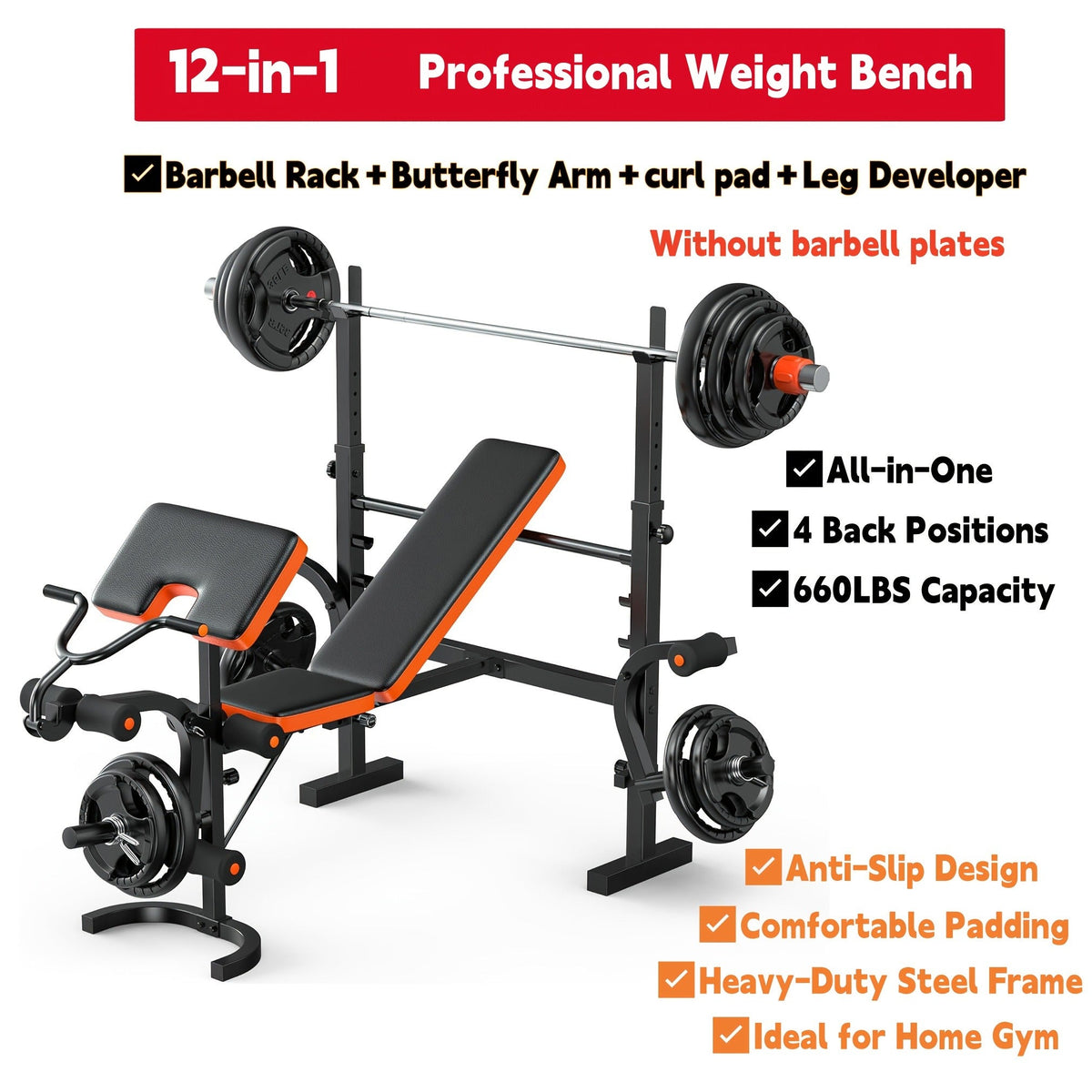 Adjustable Weight Bench 6-in-1 Foldable – Flat Incline Decline, Resistance Bands, Preacher Curl & Leg Developer, 770lb Capacity