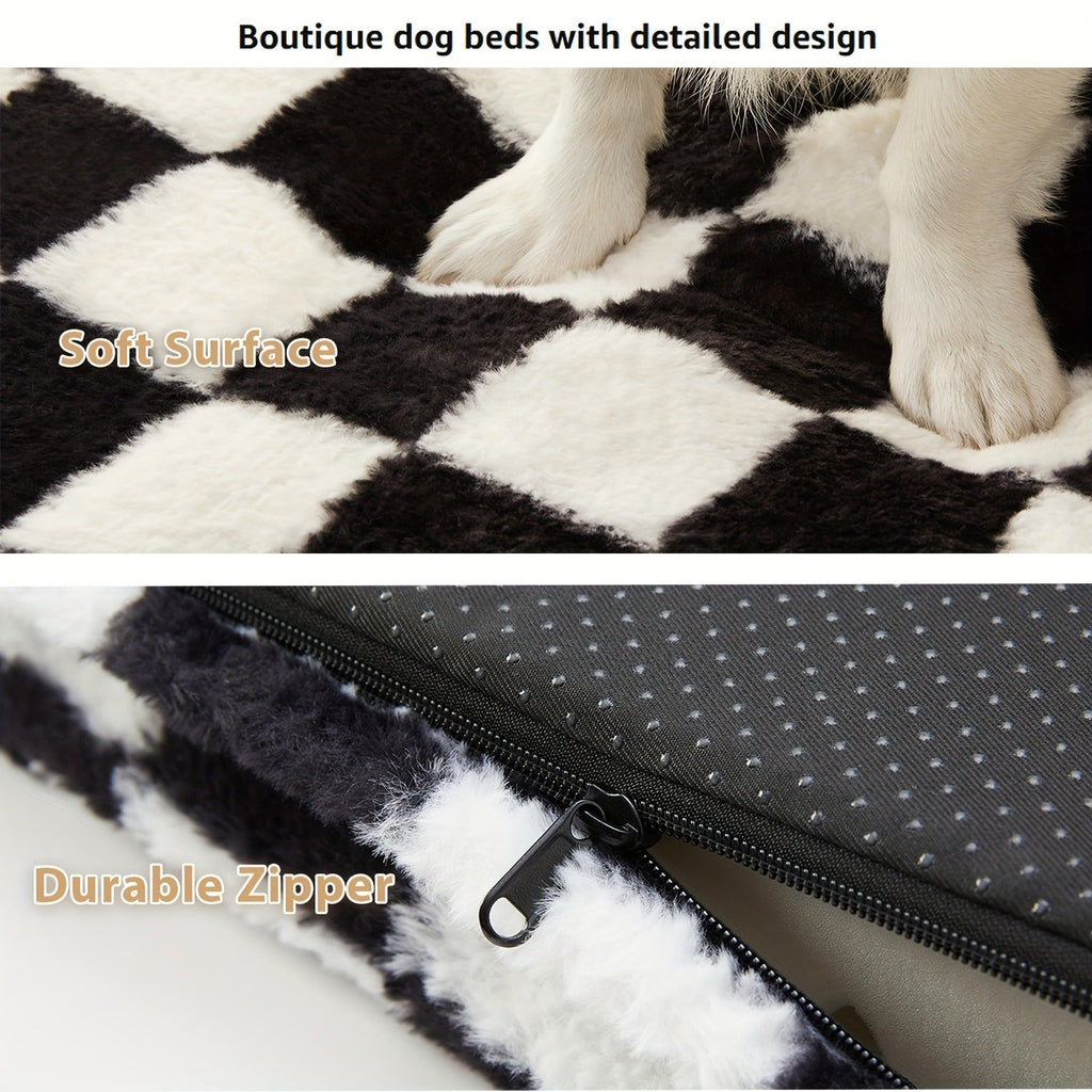 Orthopedic Dog Bed with Removable Washable Cover – Non-Slip Bottom, Black & White Plaid, Soft Memory Foam Dog Sofa Bed