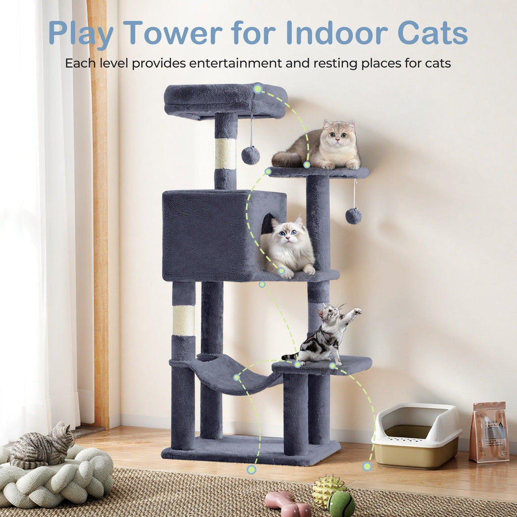 44-Inch Cat Tree Tower with Condo & Hammock – Multi-Level Indoor Cat Tree with Natural Sisal Scratching Posts