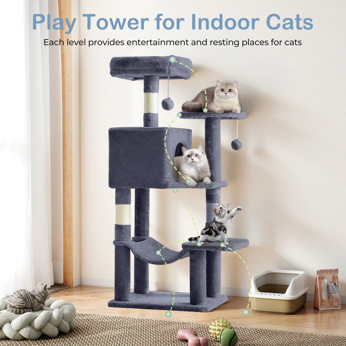 44-Inch Cat Tree Tower with Condo & Hammock – Multi-Level Indoor Cat Tree with Natural Sisal Scratching Posts