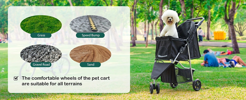 Black Three-Wheel Pet Stroller with Mesh Cabin, Front Cover, Cup Tray and Lower Storage Basket